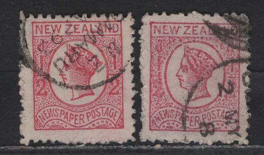 Lot 83 New Zealand (C) SG#151 1/2d Rose Queen Victoria, 1873 Newspaper Issue, 2 Fine Used Singles, Star & NZ Wmk, & Large E From Sheet Margin Wmk (Unlisted in Gibbons), Perf 12.5.