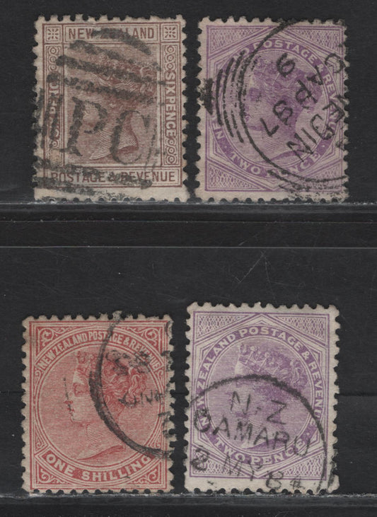 Lot 84 New Zealand (C) SG#188, 188d, 191, 193 2d - 1/- Lilac - Red Brown Queen Victoria, 1882-1900 Queen Victoria Issue, 4 Very Good/Very Fine Used Singles, Dies 1 & 2, Perf 12x11.5, Horizontal Wove Paper, 6d With Shallow Thin.