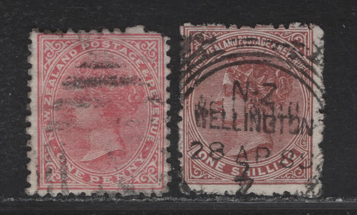 Lot 84A New Zealand (C) SG#187, 193 1d - 1/- Rose - Red Brown Queen Victoria, 1882-1900 Queen Victoria Issue, 2 Fine/Very Fine Used Singles, Die 1, Perf 12x11.5, Horizotnal Wove Paper.