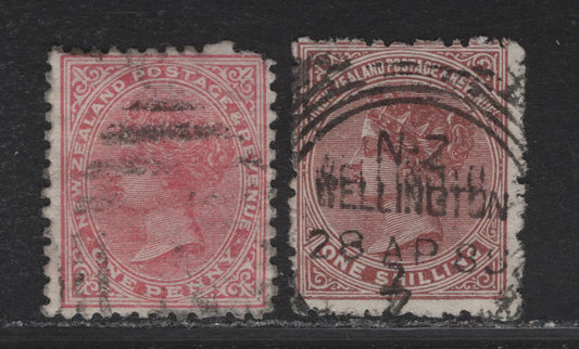 Lot 84A New Zealand (C) SG#187, 193 1d - 1/- Rose - Red Brown Queen Victoria, 1882-1900 Queen Victoria Issue, 2 Fine/Very Fine Used Singles, Die 1, Perf 12x11.5, Horizotnal Wove Paper.