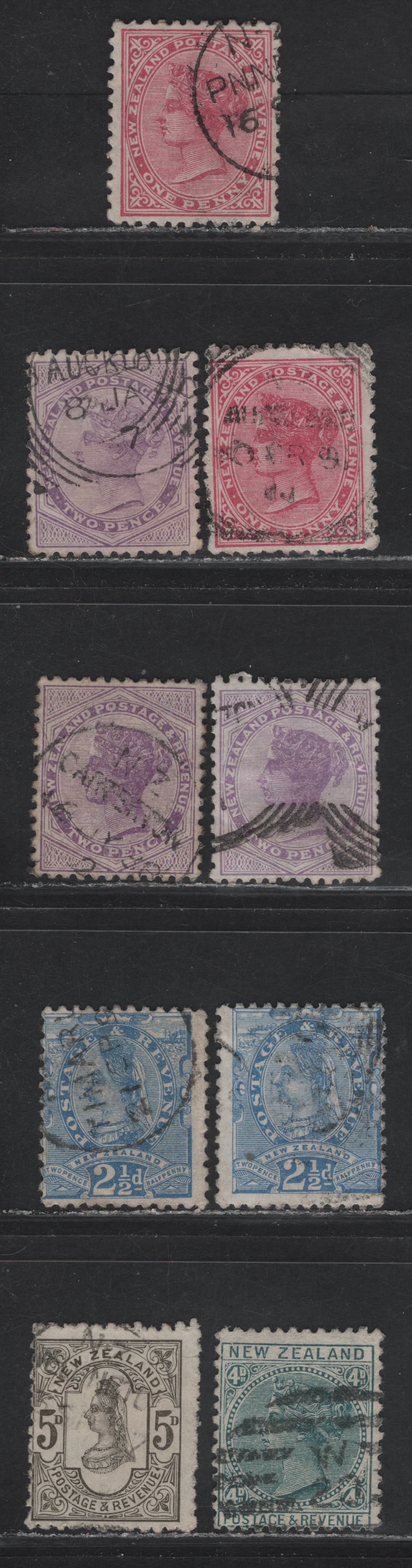 Lot 85 New Zealand (C) SG#195, 196-196a, 197, 199, 200, 195b 1d - 5d Rose - Olive Black Queen Victoria, 1888-1895 Queen Victoria Issue, 9 Fine/Very Fine Used Singles, Dies 2 & 3, Perf 12x11.5, Vertical Wove Paper.