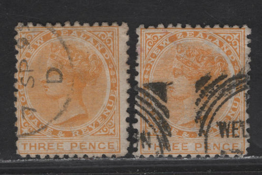 Lot 90 New Zealand (C) SG#198, 189 3d Yellow & Yellow Orange Queen Victoria, 1882-1895 Queen Victoria Sidefaces Issue, 2 Fine Used Singles, Perf 12x11.5, Horizontal & Vertical Wove Papers, Small Corner Crease On #189.