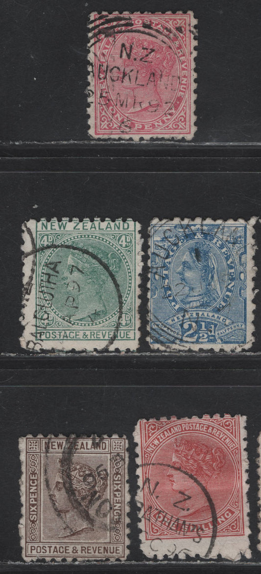 Lot 92 New Zealand (C) SG#218, 220, 222, 226, 224b 1d - 1/- Rose - Red Brown Queen Victoria, 1891-1894 Queen Victoria Sidefaces Issue, 5 Fine/Very Fine Used Singles, Perf 10x12.5, 6d Is Die 2