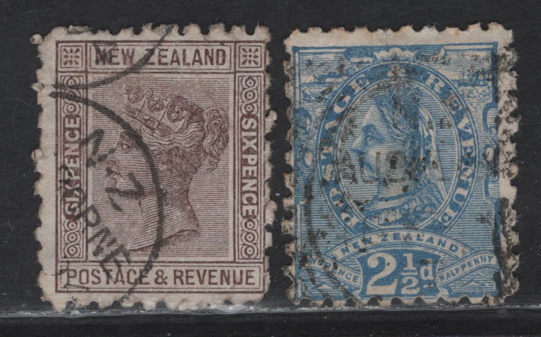 Lot 94 New Zealand (C) SG#220e, 224bf 2.5d - 6d Blue - Brown Queen Victoria, 1891-1895 Queen Victoria Sidefaces Issue, 2 Fine Used Singles, Perf 10, Die 2