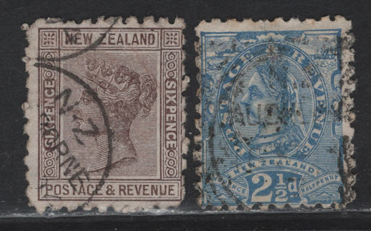 Lot 94 New Zealand (C) SG#220e, 224bf 2.5d - 6d Blue - Brown Queen Victoria, 1891-1895 Queen Victoria Sidefaces Issue, 2 Fine Used Singles, Perf 10, Die 2