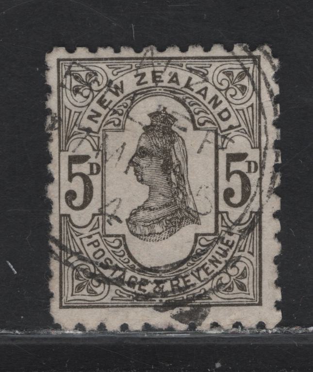 Lot 98 New Zealand (C) SG#223a 5d Olive Black Queen Victoria, 1891-1895 Queen Victoria Sidefaces Issue, A Fine Used Single, Perf 10, Brown Purple Advert On Back