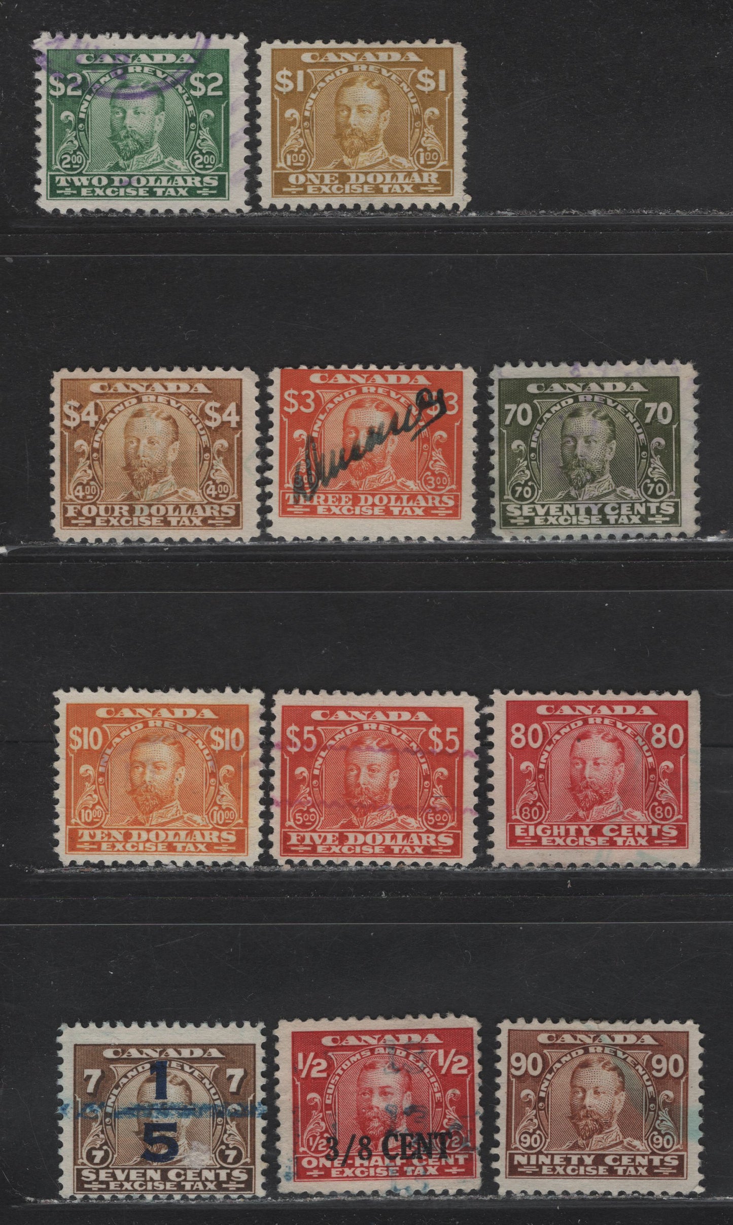 Lot 100 Canada (C) Van Dam#FX11-19, FX22 70c - $10 Olive Green - Yellow Orange King George V, 1915-1923 KGV Excise Tax Issue, 11 Fine/Very Fine Used Singles