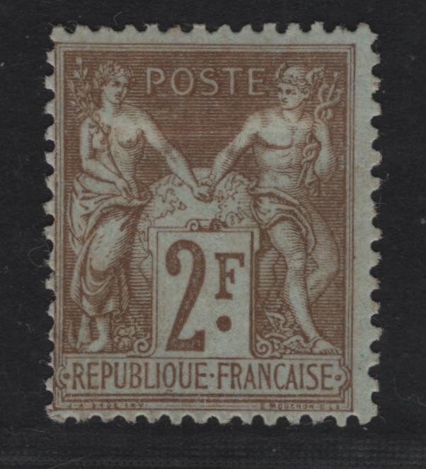 Lot 1 France SC#108 2fr Brown Peace & Commerce, 1898-1900 Peace & Commerce Issue, A FOG Single, Azure Paper, Type 1