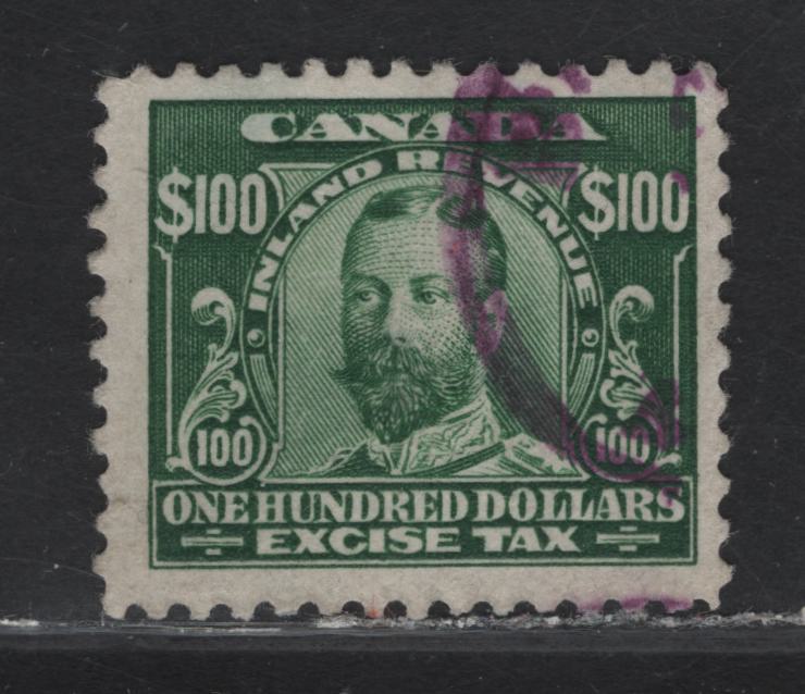 Lot 101 Canada (C) Van Dam#FX20 $100 Green King George V, 1915-1923 KGV Excise Tax Issue, A Fine Used Single