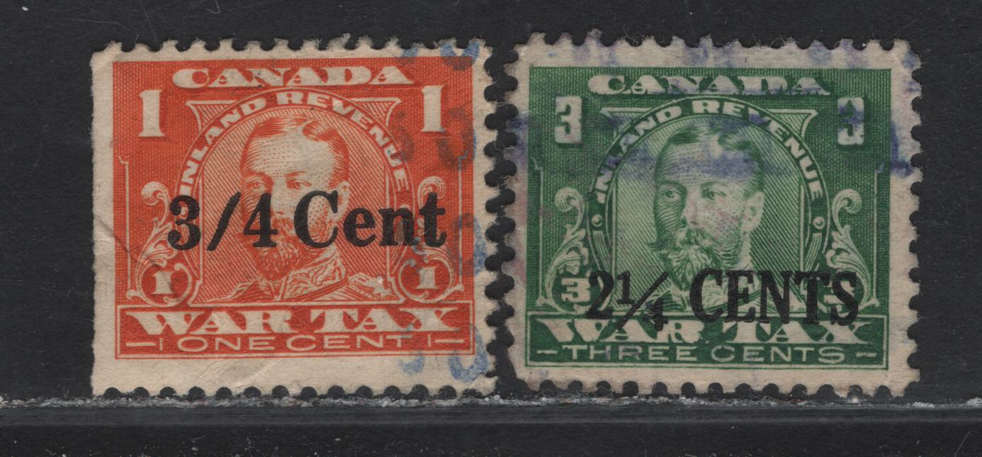 Lot 102 Canada (C) Van Dam#FSX31, FX33 3/4c on 1c - 2.25c on 3c Orange - Green King George V, 1915-1923 KGV Excise Tax Overprinted War Tax Issue, 2 Fine Used Singles, Orange Stamp With Mixed Case