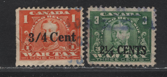 Lot 102 Canada (C) Van Dam#FSX31, FX33 3/4c on 1c - 2.25c on 3c Orange - Green King George V, 1915-1923 KGV Excise Tax Overprinted War Tax Issue, 2 Fine Used Singles, Orange Stamp With Mixed Case