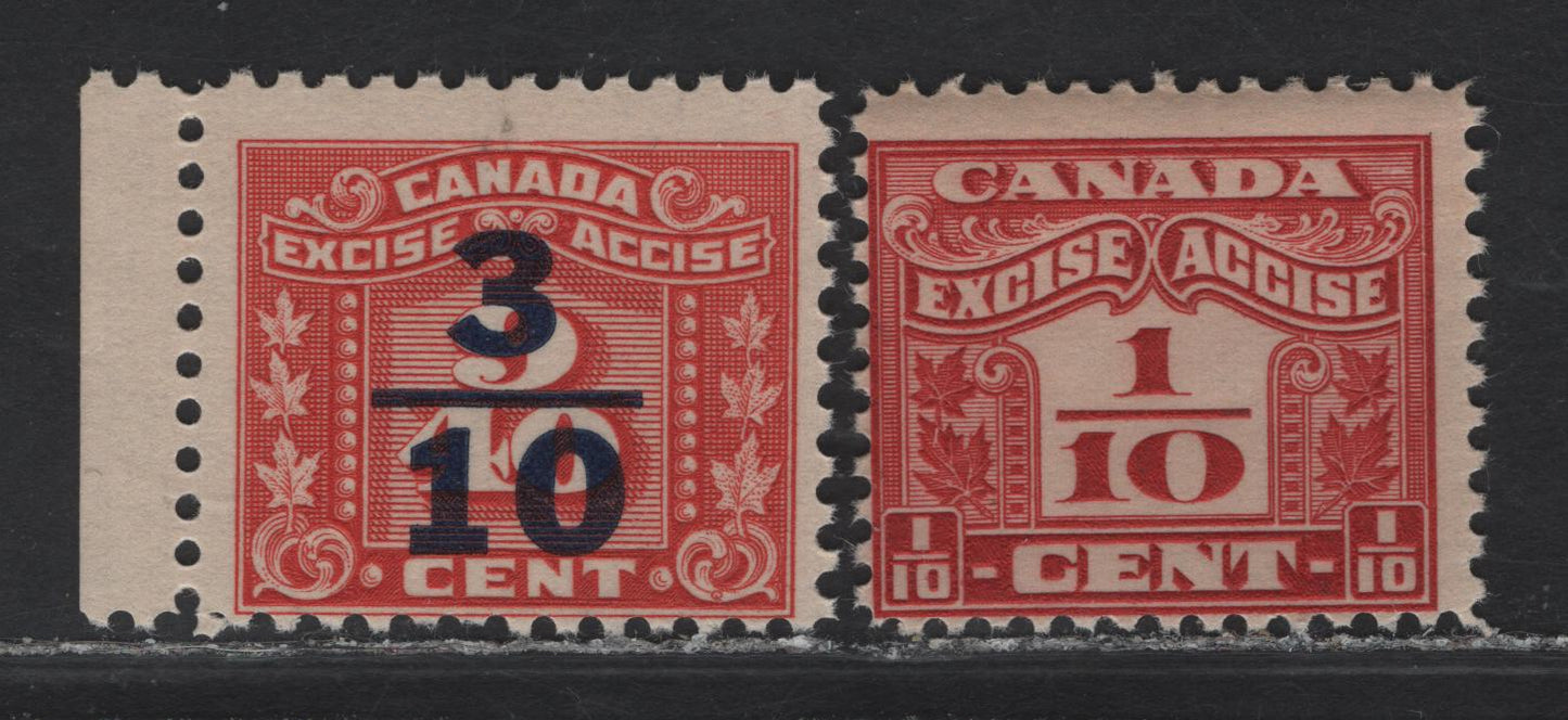 Lot 105 Canada (C) Van Dam#FX34, FX105 1/10c - 3/10 on 9/40c Carmine - Red Numeral, 1915-1948 Two Leaf & Three Leaf Excise Tax Issues, 2 FNH Singles