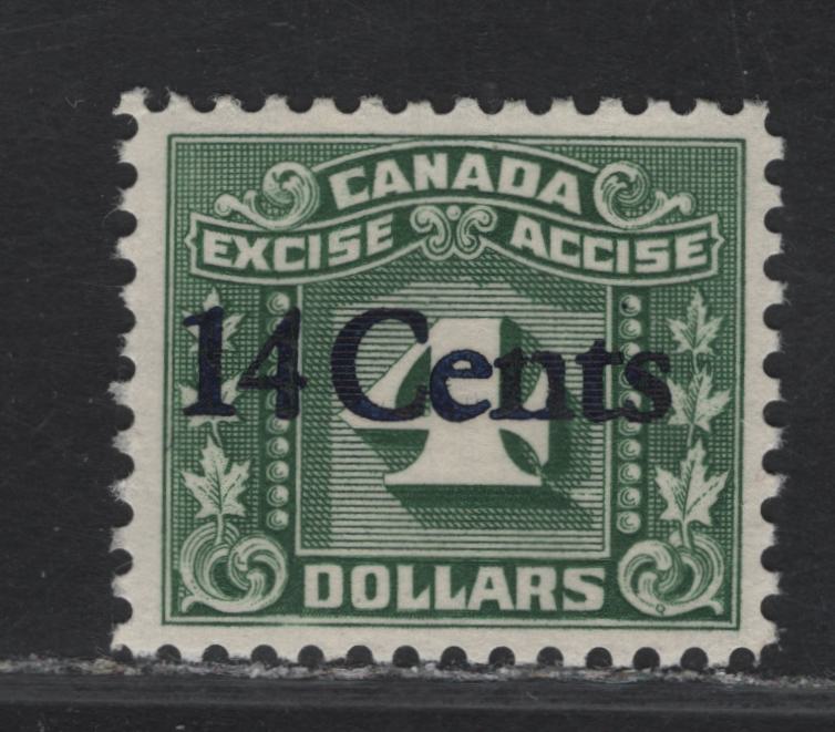 Lot 109 Canada (C) Van Dam#FX124 14c on $4 Green Numerals, 1934-1948 3 Leaf Excise Tax Issue, A VFNH Single, Blue Overprint