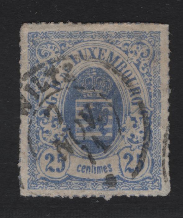 Lot 11 Luxembourg SC#22A 25c Ultramarine Arms, 1865-1874 Arms Issue, A Very Fine Used Single, Rouletted In Color