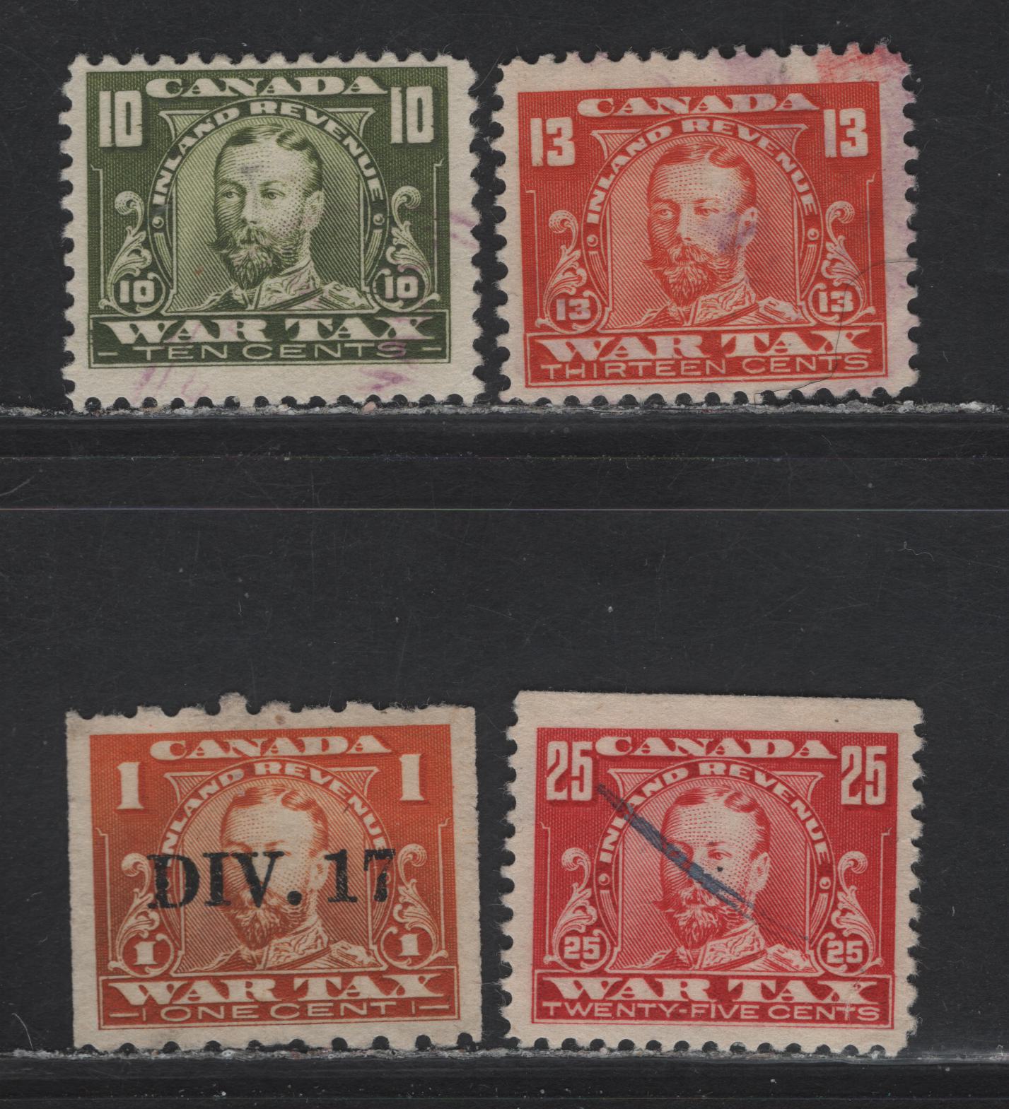 Lot 112 Canada (C) Van Dam#FWT13-15, FWT17a 1c - 25c Orange - Red King Goerge V, 1920 War Tax Issue, 4 Fine/Very Fine Used Singles, Includes Coil With DIV 17 Precancel