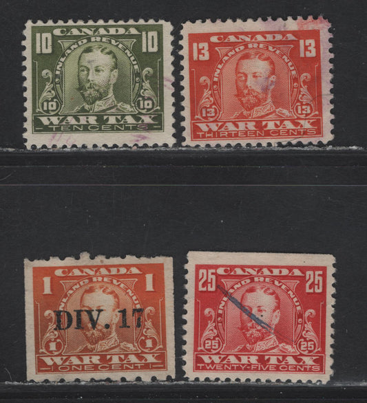 Lot 112 Canada (C) Van Dam#FWT13-15, FWT17a 1c - 25c Orange - Red King Goerge V, 1920 War Tax Issue, 4 Fine/Very Fine Used Singles, Includes Coil With DIV 17 Precancel