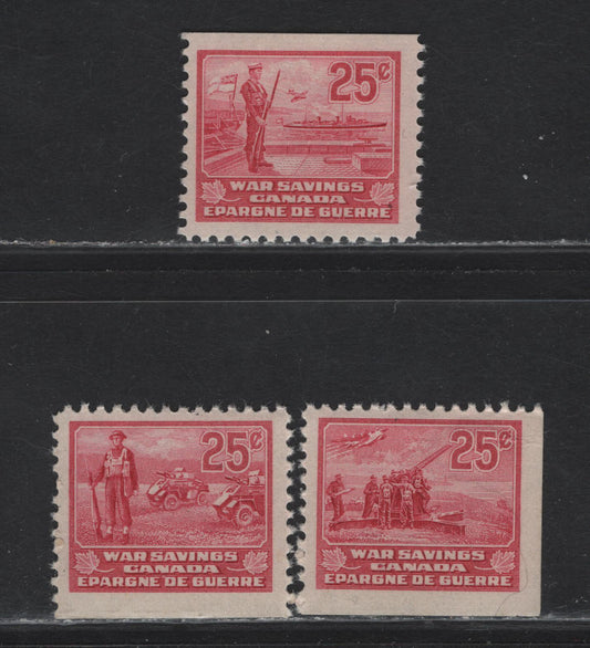 Lot 113 Canada (C) Van Dam#FWS7, FWS13-14 25c Carmine Rose Military, 1940-1941 War Savings Issue, 3 FNH Singles