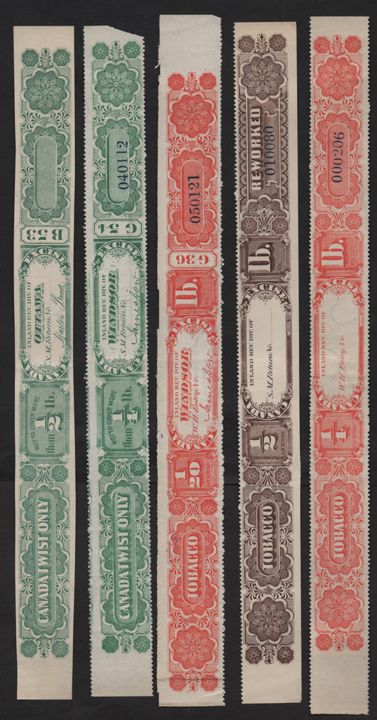 Lot 117 Canada (C) Van Dam#RP160, RW9n, RP319, RT137, RT131 1/20lb - 1/2lb Red - Brown Numerals & Tobacco, 1880-1881 Tobacco Excise Tax Issue, 5 Very Good/Fine/Very Fine Unused Long Labels, Two Federal & 3 Ontario Labels