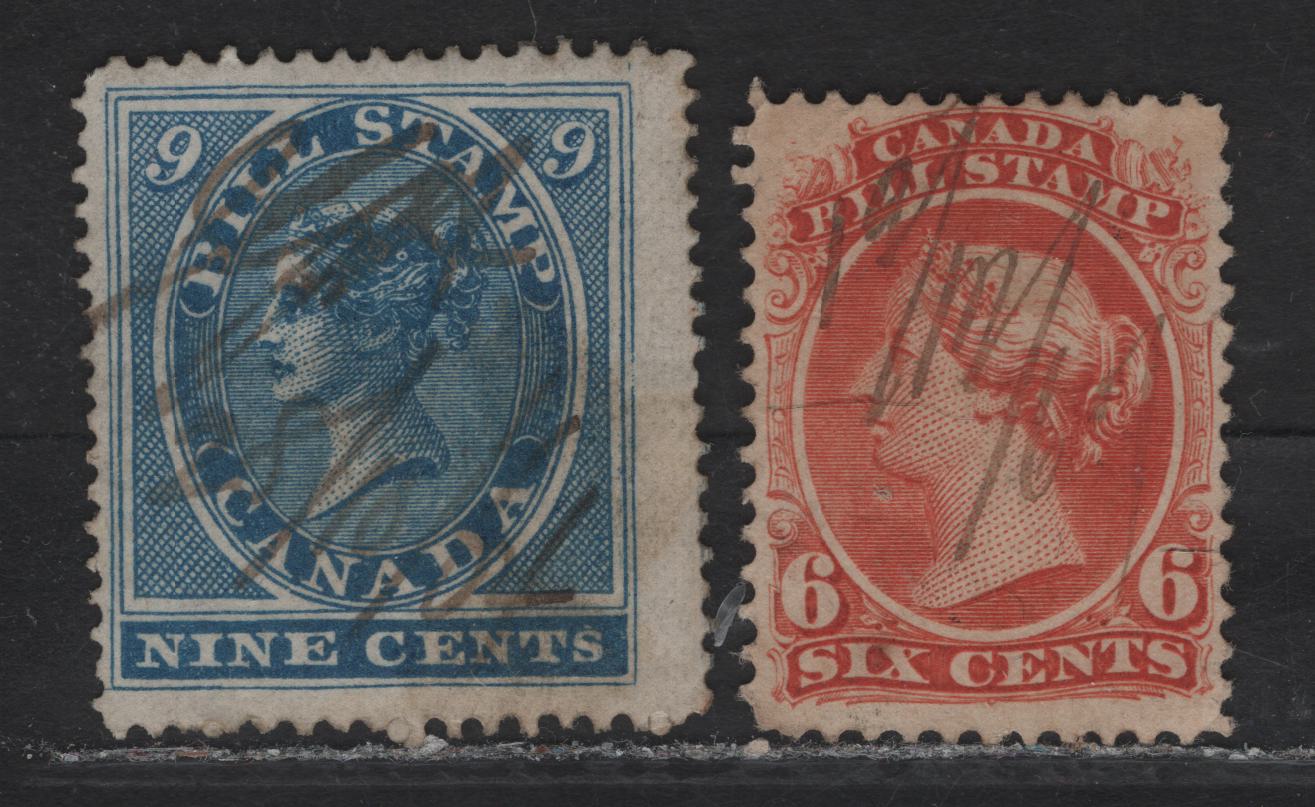 Lot 118 Canada (C) Van Dam#FB9, FB23 9c - 6c Blue - Red Queen Victoria, 1864-1865 First & Second Bill Issue, 2 Fine Used Singles, Perf 12.5x13.5