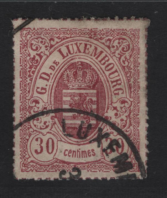 Lot 12 Luxembourg SC#23 30c Lilac Rose Arms, 1865-1874 Arms Issue, A Very Fine Used Single, Rouletted In Color