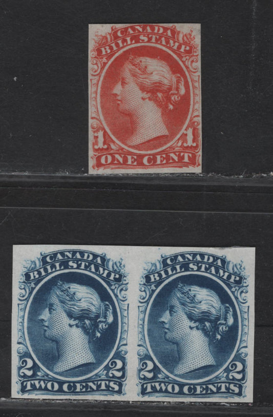 Lot 121 Canada (C) Van Dam#FB19Tc, FB18 1c - 2c Red - Blue Queen Victoria, 1865 Second Bill Issue, 2 Fine/Very Fine Unused Single & Pair, Plate & Trial Color Proofs