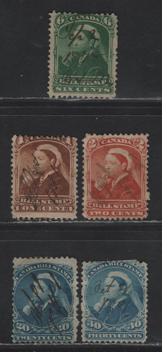 Lot 123 Canada (C) Van Dam#FB37-38, FB43, FB48-49 1c - 30c Brown - Blue Queen Victoria, 1865-1868 Second & Third Bill Issue, 5 Good/Very Good/Fine Used Singles, Thick Paper, Small Corner Crease On 20c, All Perf 12 Except 30c Which Is 11.5x12.