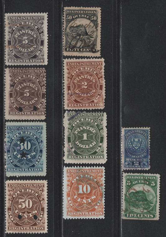 Lot 126 Canada (C) Van Dam#QR5, QR10, QR17, QR20-25, Q5T10 2c - $5 Blue - Violet Beaver - Numerals, 1870-1913 Beaver Registration - Bilingual Stock Transfer Stamps, 10 Fine/Very Fine Used Singles, Perfs 11 & 12