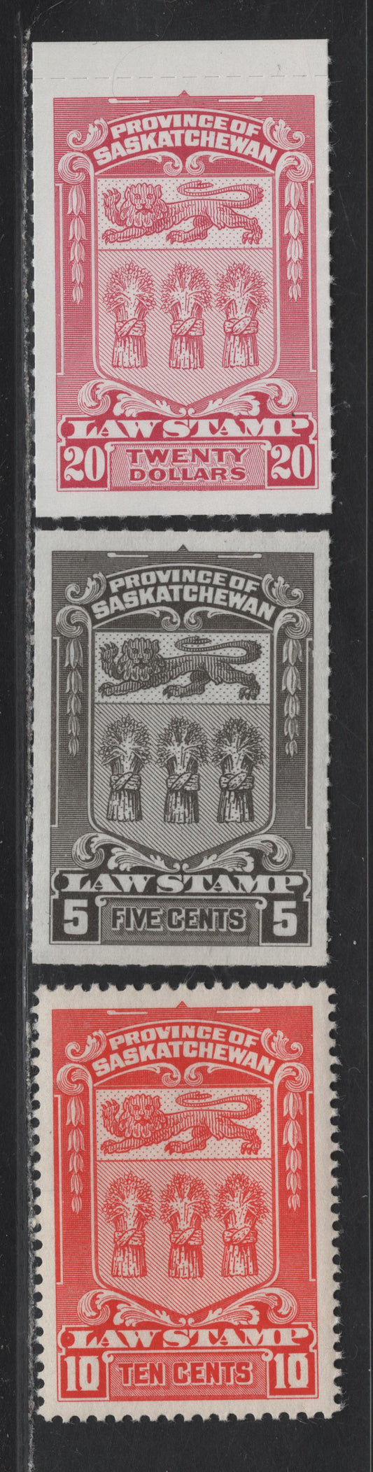 Lot 127 Canada (C) Van Dam#SL58, SL68, SL77 10c - $20 Red - Rose Carmine Arms, 1868 Perforated & Lithographed 3rd Law Issue, 3 VFNH Singles