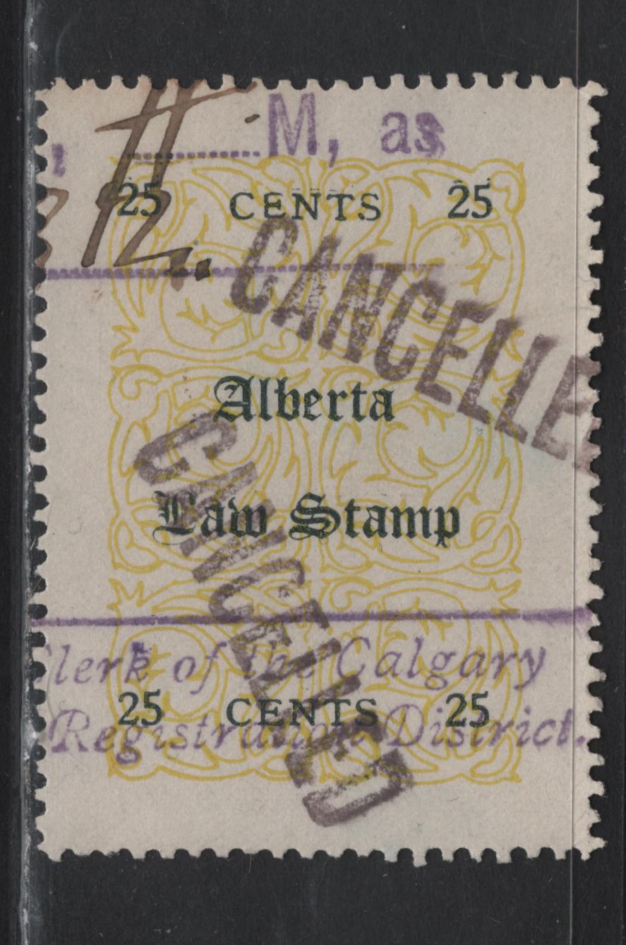 Lot 131 Canada - Alberta (C) Van Dam#AL8L 25c Yellow & Dark Green Law, 1906-1907 Law Stamp Issue, A Very Fine Used Single, Fancy 'L' In Law