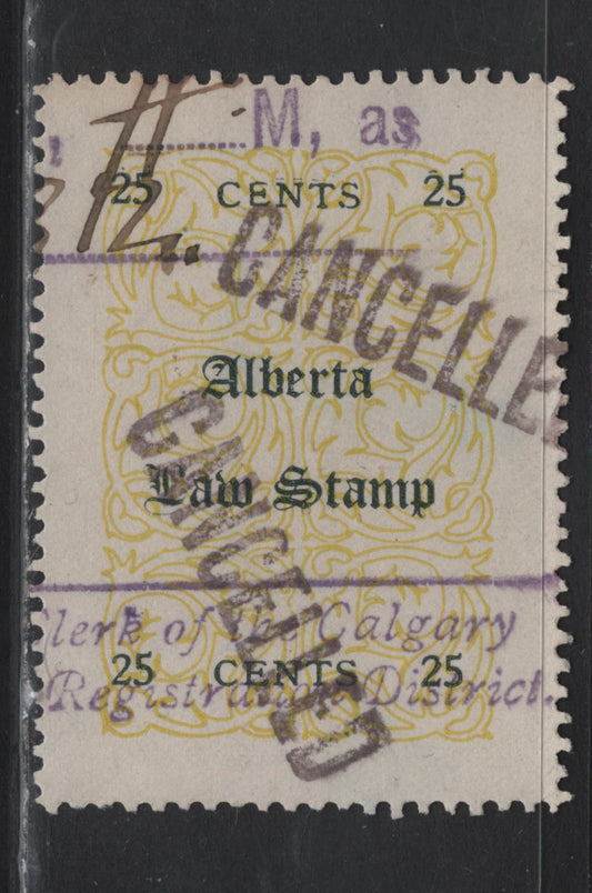 Lot 131 Canada - Alberta (C) Van Dam#AL8L 25c Yellow & Dark Green Law, 1906-1907 Law Stamp Issue, A Very Fine Used Single, Fancy 'L' In Law