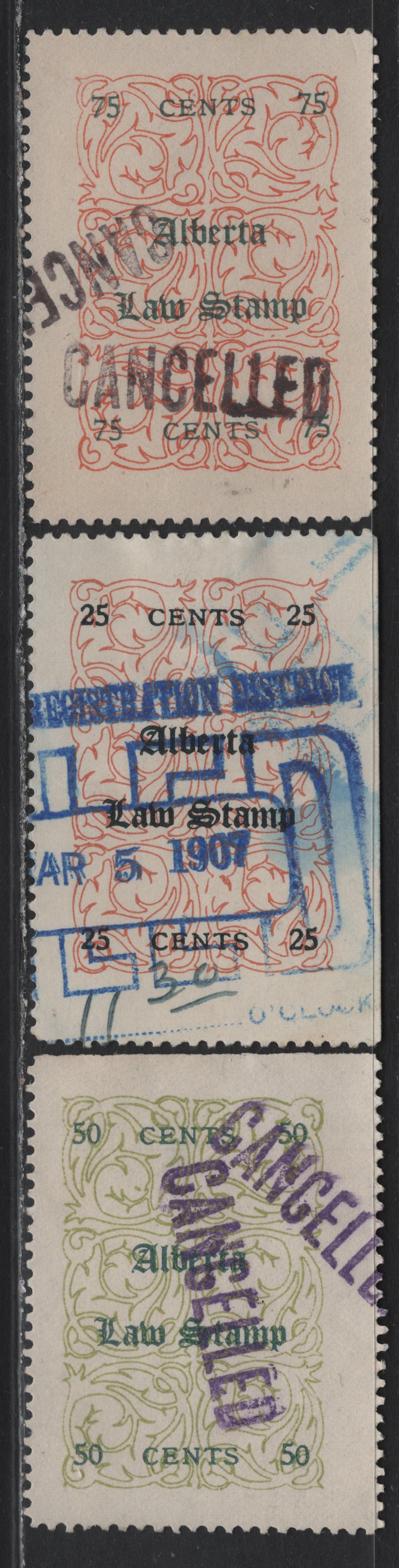 Lot 132 Canada - Alberta (C) Van Dam#AL6, AL12, AL14 25c - 75c Red & Black - Red & Green Law, 1906-1907 First Law Stamp Issue, 3 Very Fine Used Singles