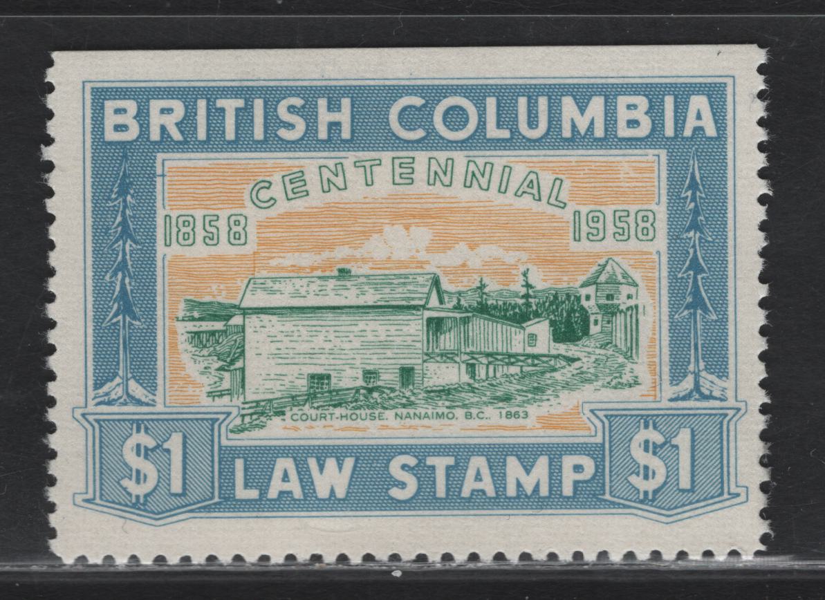 Lot 134 Canada - British Columbia (C) Van Dam#BCL49 $1 Blue, Green & Yellow Court House, 1958 Centennial Law Issue, A VFNH Single