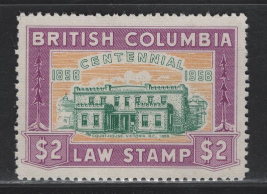 Lot 135 Canada - British Columbia (C) Van Dam#BCL50 $2 Magenta, Yellow & Green Court House, 1958 Centennial Law Issue, A VFNH Single