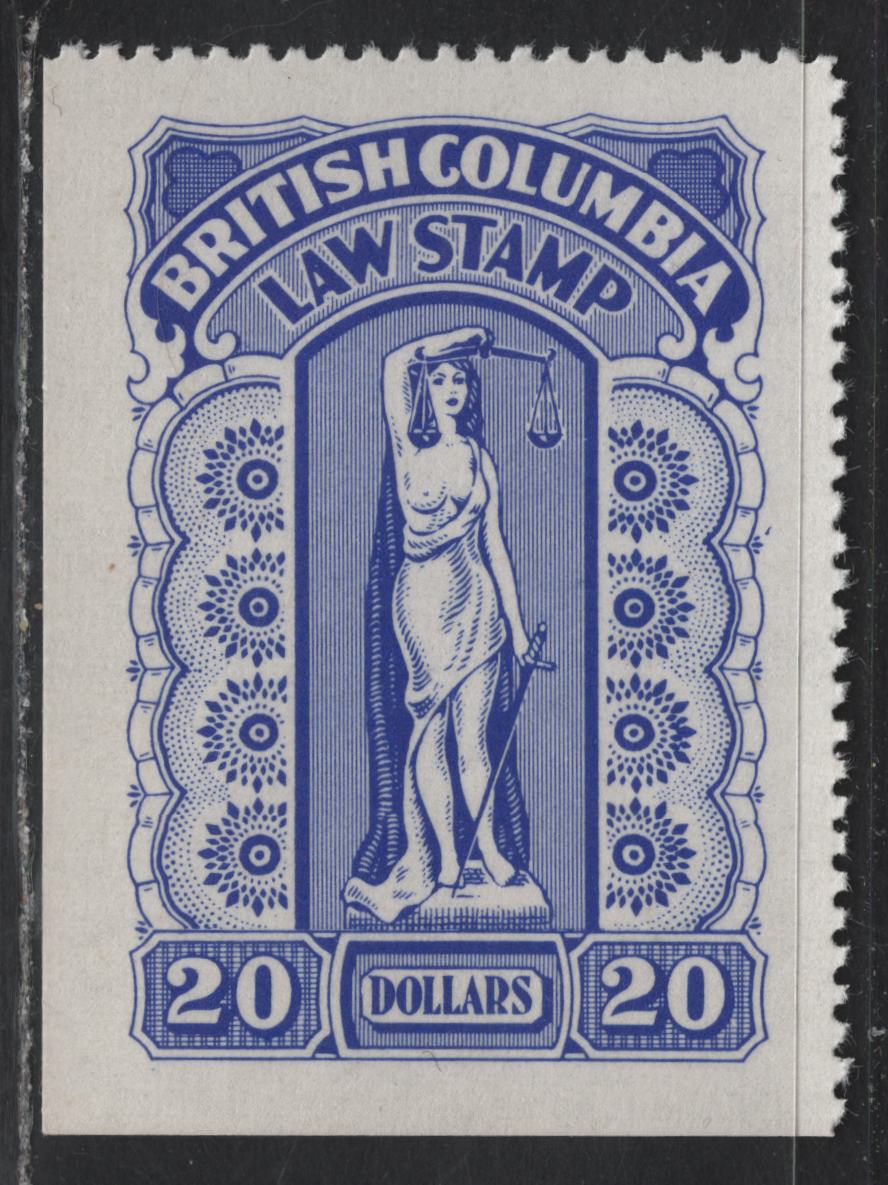 Lot 136 Canada - British Columbia (C) Van Dam#BCL58 $20 Blue Liberty, 1958-1970 11th Law Issue, A VFNH Single