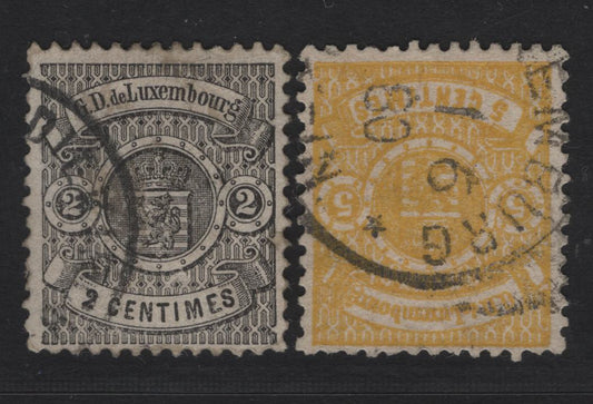 Lot 14 Luxembourg SC#30, 32 2c - 5c Black & Yellow Arms, 1875-1879 Arms Issue, 2 Fine/Very Fine Used Singles, Luxemboug Printings, Perf 13