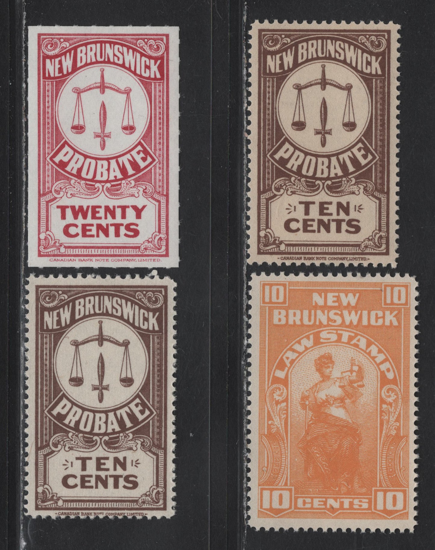 Lot 142 New Brunswick (C) Van Dam#NBL13, NBP14-a, NBP22 10c - 20c Yellow - Carmine Scales, 1934-1940 4th-5th Probate - 3rd Law Issues, 4 VFOG/NH Singles, The Yellowish Paper 10c Is Hinged, Rest of Stamps Are NH