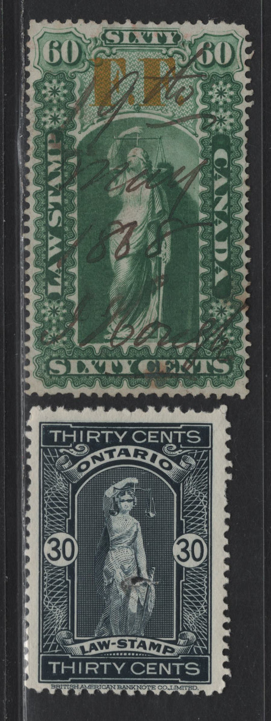 Lot 144A Canada - Ontario (C) Van Dam#OL22, OL71 60c - 30c Green - Slate Liberty, 1864 Fee Fund Law - 4th Law Issue, 2 Very Fine Used Singles, 30c With Punch Cancel