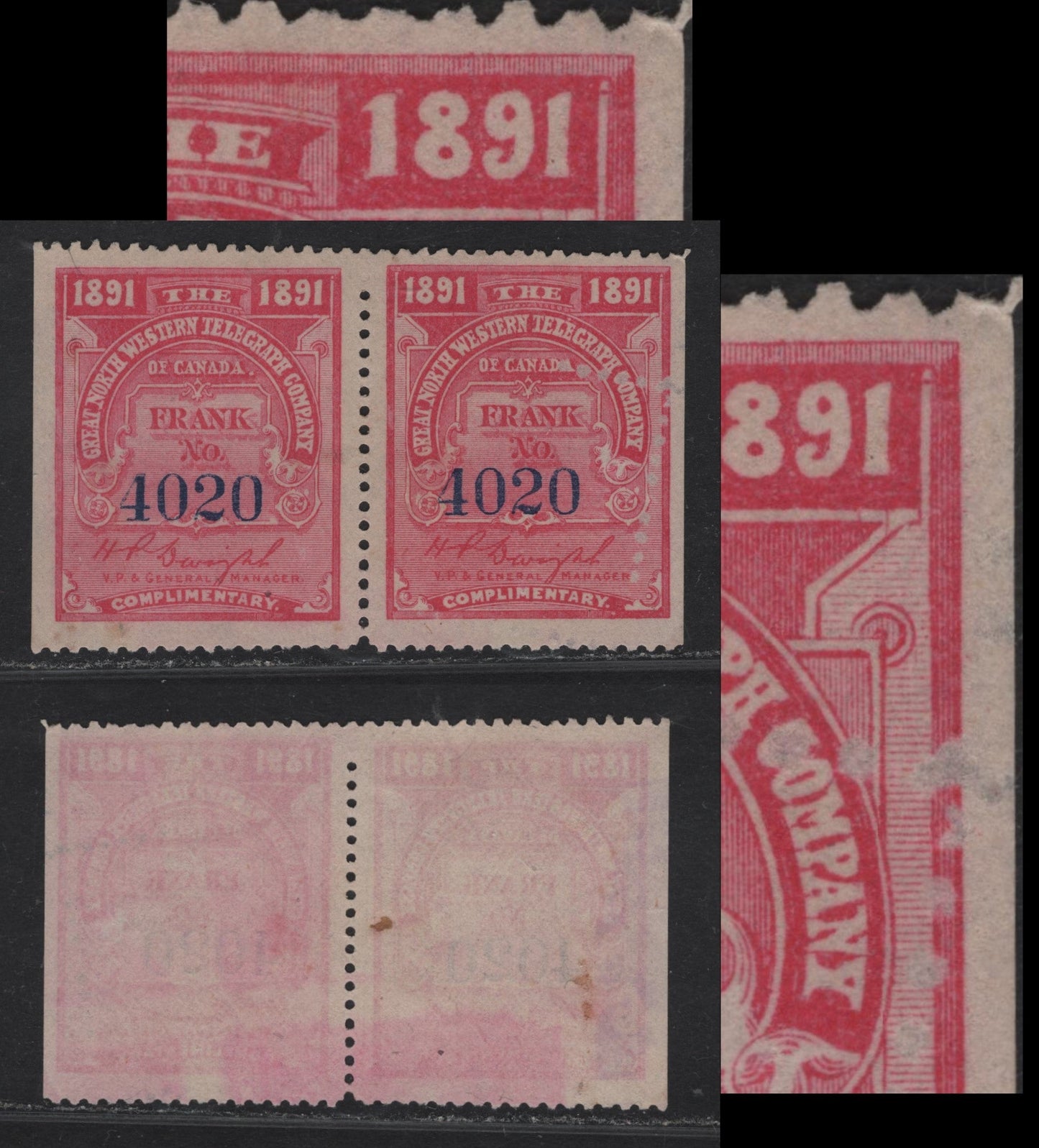 Lot 148 Canada - Ontario (C) Van Dam#TGN2a Great Western Telegraph, 1891 Great Western Telegraph Issue, A Very Fine Unused Booklet Pair, Showing Outline Of Perforations In The Design Of The Right Hand Stamp
