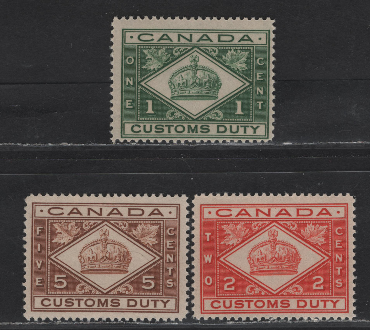 Lot 154 Canada (C) Van Dam#FCD1-FCD3 1c - 5c Green - Brown Customs, 1914-1935 Customs Duty Issue, 3 F/VFNH Singles, Dry Printings