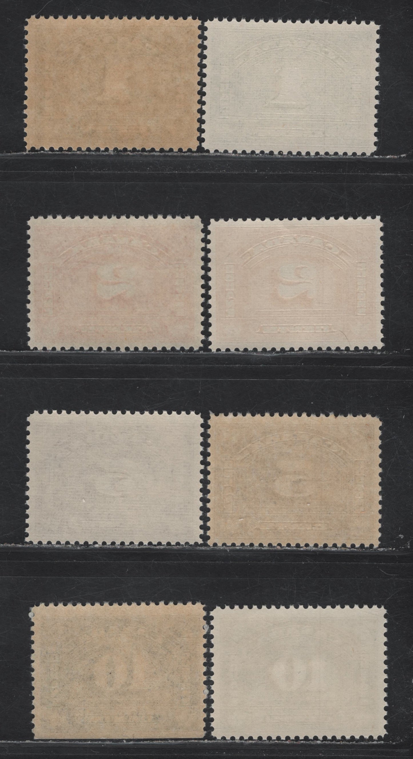 Lot 156 Canada (C) Van Dam#FCD6-FCD9 10c - 10c Green - Light Blue Crown, 1935 Bilingual Customs Duty Issue, 4 F/VFNH Singles, Yellow & White Satin Gum