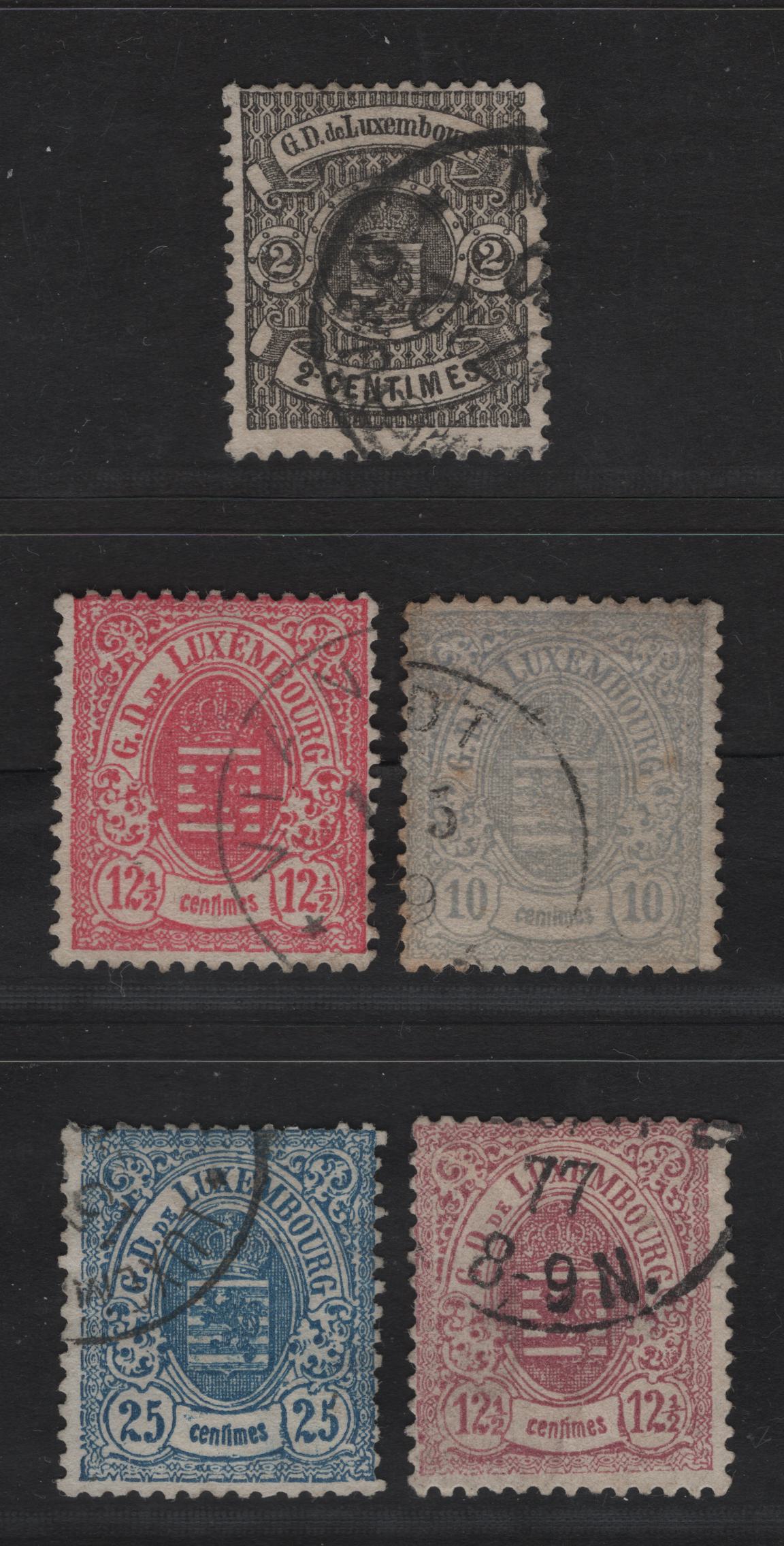 Lot 16 Luxembourg SC#30, 33-36 2c - 25c Black - Blue Arms, 1875-1879 Arms Issue, 5 Fine Used Singles, Narrow Margins, Perf 13, Luxemboug Printings.