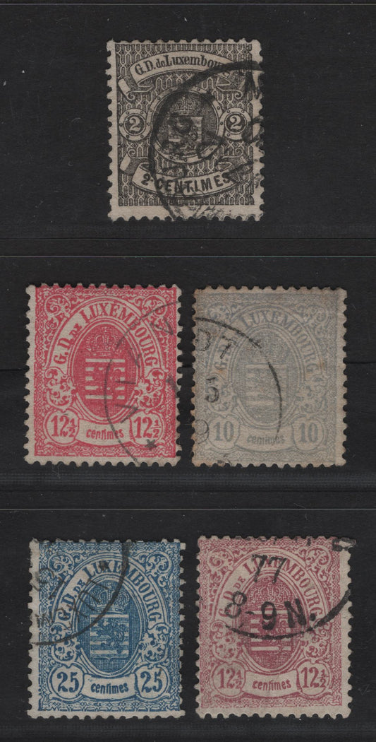 Lot 16 Luxembourg SC#30, 33-36 2c - 25c Black - Blue Arms, 1875-1879 Arms Issue, 5 Fine Used Singles, Narrow Margins, Perf 13, Luxemboug Printings.