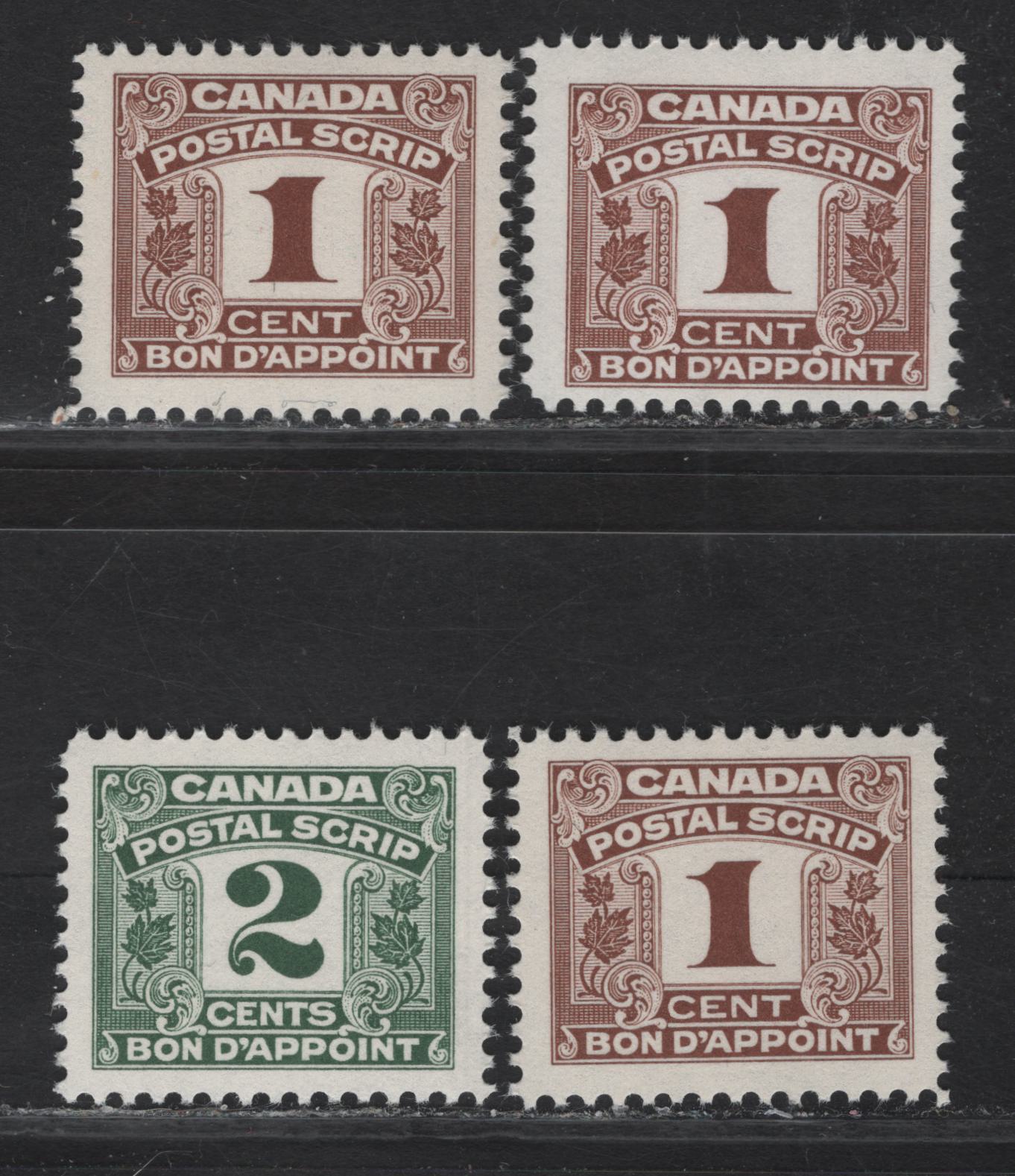 Lot 161 Canada Van Dam#FPS23-24 1c - 2c Reddish Brown - Green Numeral, 1967 Second Postal Scrip Issue, 3 F/VFNH Singles, The 1c Stamps Are on NF, DF & DF-fl Papers With Very, Very Few LF Fibers, 2c Is On NF Paper