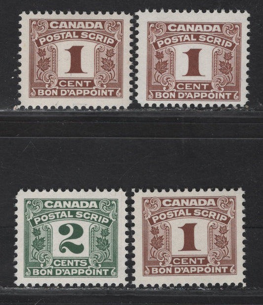 Lot 161 Canada Van Dam#FPS23-24 1c - 2c Reddish Brown - Green Numeral, 1967 Second Postal Scrip Issue, 3 F/VFNH Singles, The 1c Stamps Are on NF, DF & DF-fl Papers With Very, Very Few LF Fibers, 2c Is On NF Paper