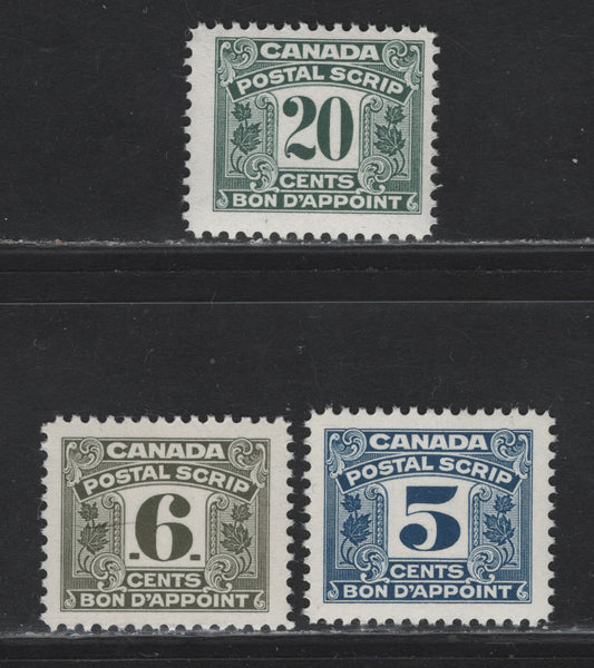 Lot 164 Canada Van Dam#FPS27-28, FPS33 5c - 20c Blue - Slate Green Numeral, 1967 Second Postal Scrip Issue, 3 VFNH Singles, NF & DF1 Papers
