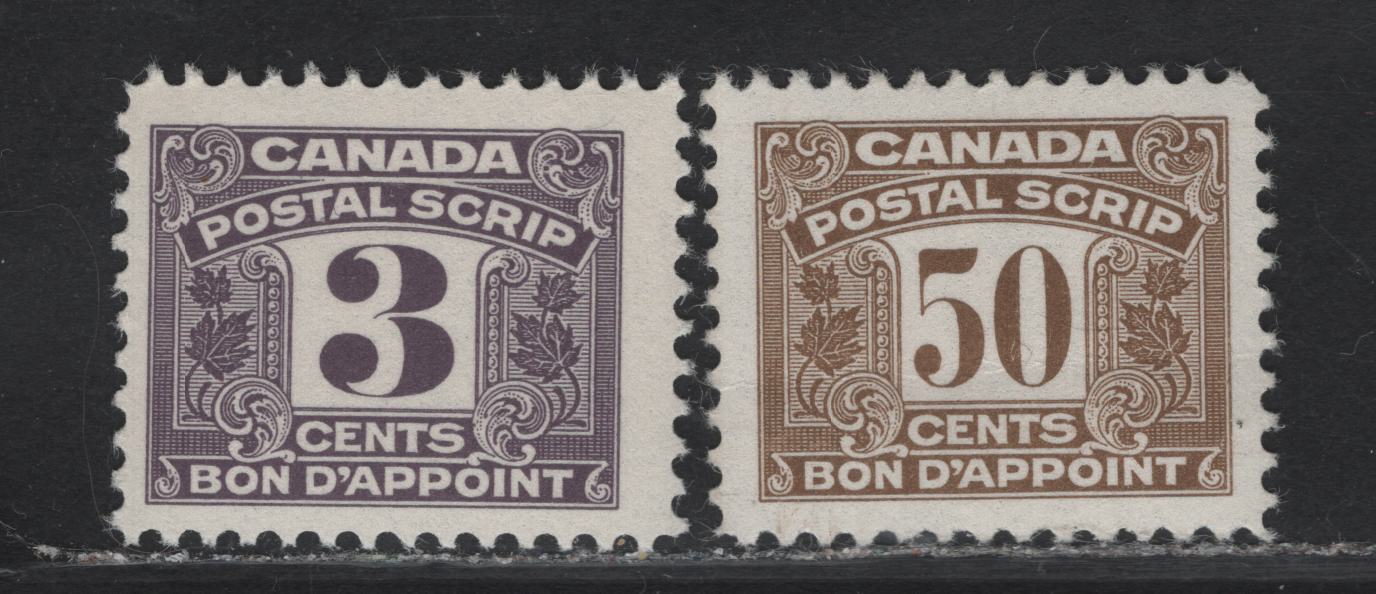 Lot 165 Canada (C) Van Dam#FPS43, FPS54 3c - 50c Purple - Brown Numeral, 1967 Third Postal Scrip Issue, 2 FNH Singles, NF Paper, 50c Has A Light Gum Crease