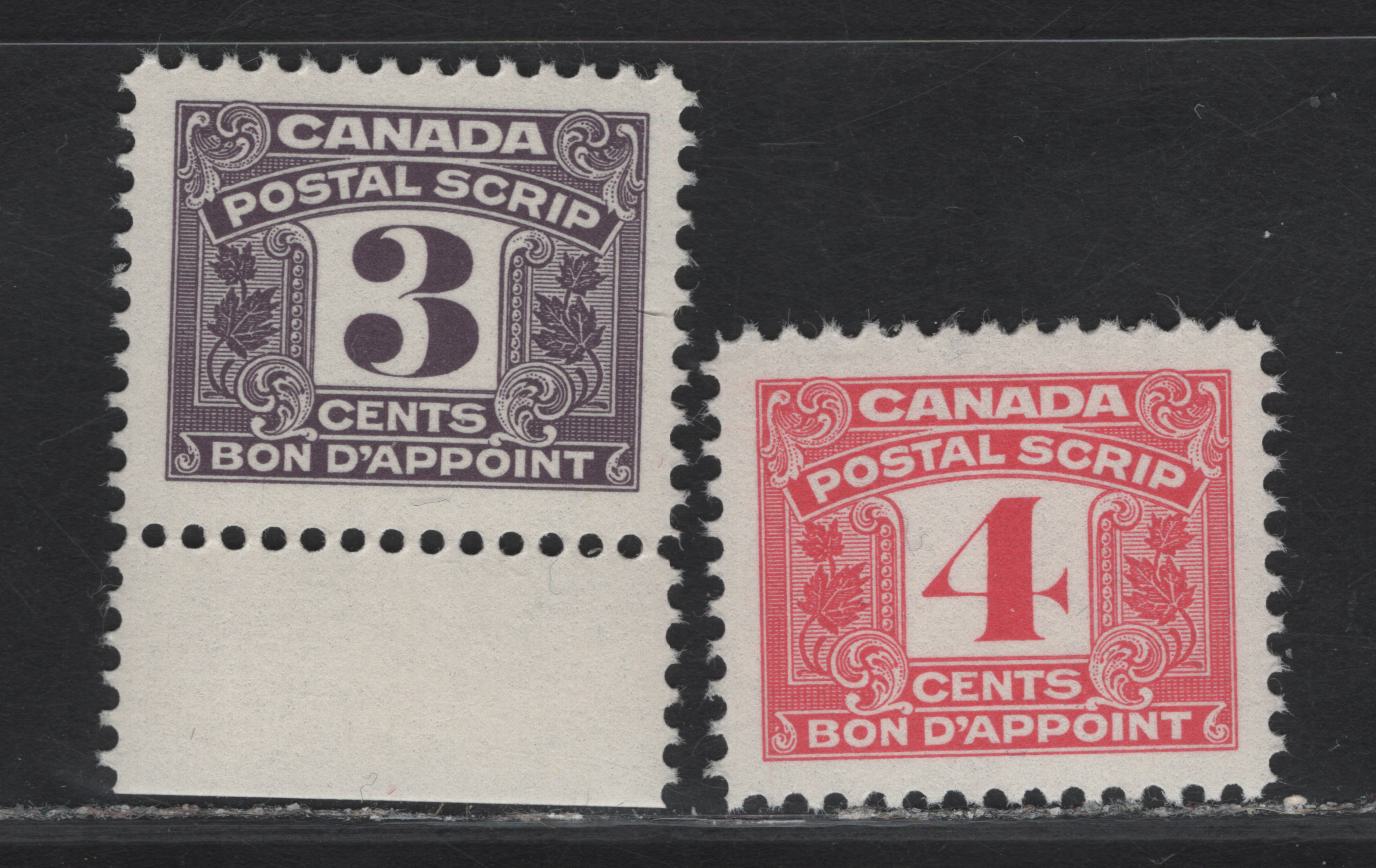 Lot 166 Canada Van Dam#FPS43-44 3c - 4c Purple - Pink Numeral, 1967 Third Postal Scrip Issue, 2 VFNH Singles, NF Paper