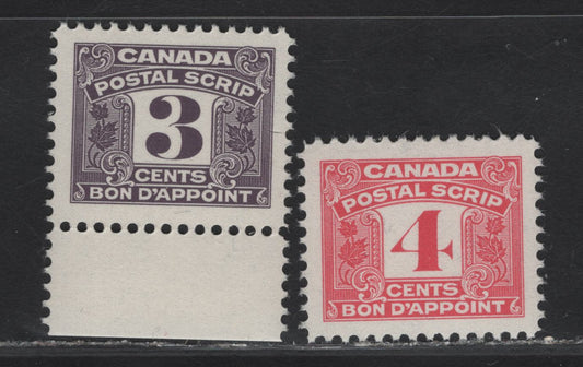 Lot 166 Canada Van Dam#FPS43-44 3c - 4c Purple - Pink Numeral, 1967 Third Postal Scrip Issue, 2 VFNH Singles, NF Paper