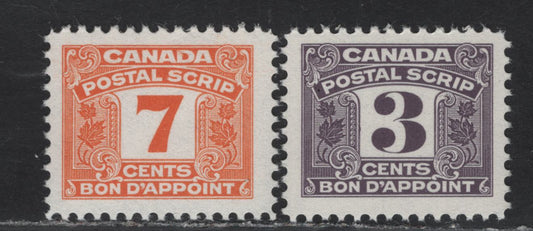 Canada Van Dam#FPS43 & FPS47 3c - 7c Purple - Orange Numeral, 1967 Third Postal Scrip Issue, 2 VFNH Singles, DF1 Paper