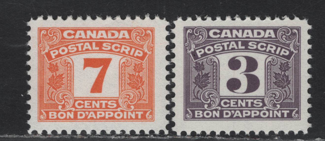 Lot 167 Canada Van Dam#FPS43 & FPS47 3c - 7c Purple - Orange Numeral, 1967 Third Postal Scrip Issue, 2 VFNH Singles, DF1 Paper